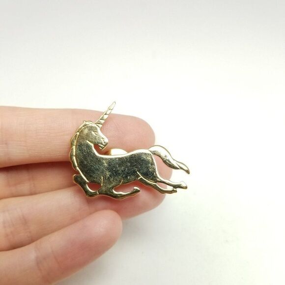 Vintage Unicorn Lapel Pin, Gold Tone Metal, Lounging Animal, Estate - Picture 2 of 7